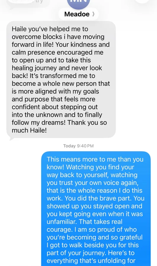 Text message from a client thanking Haile for helping her overcome blocks and move forward in life.